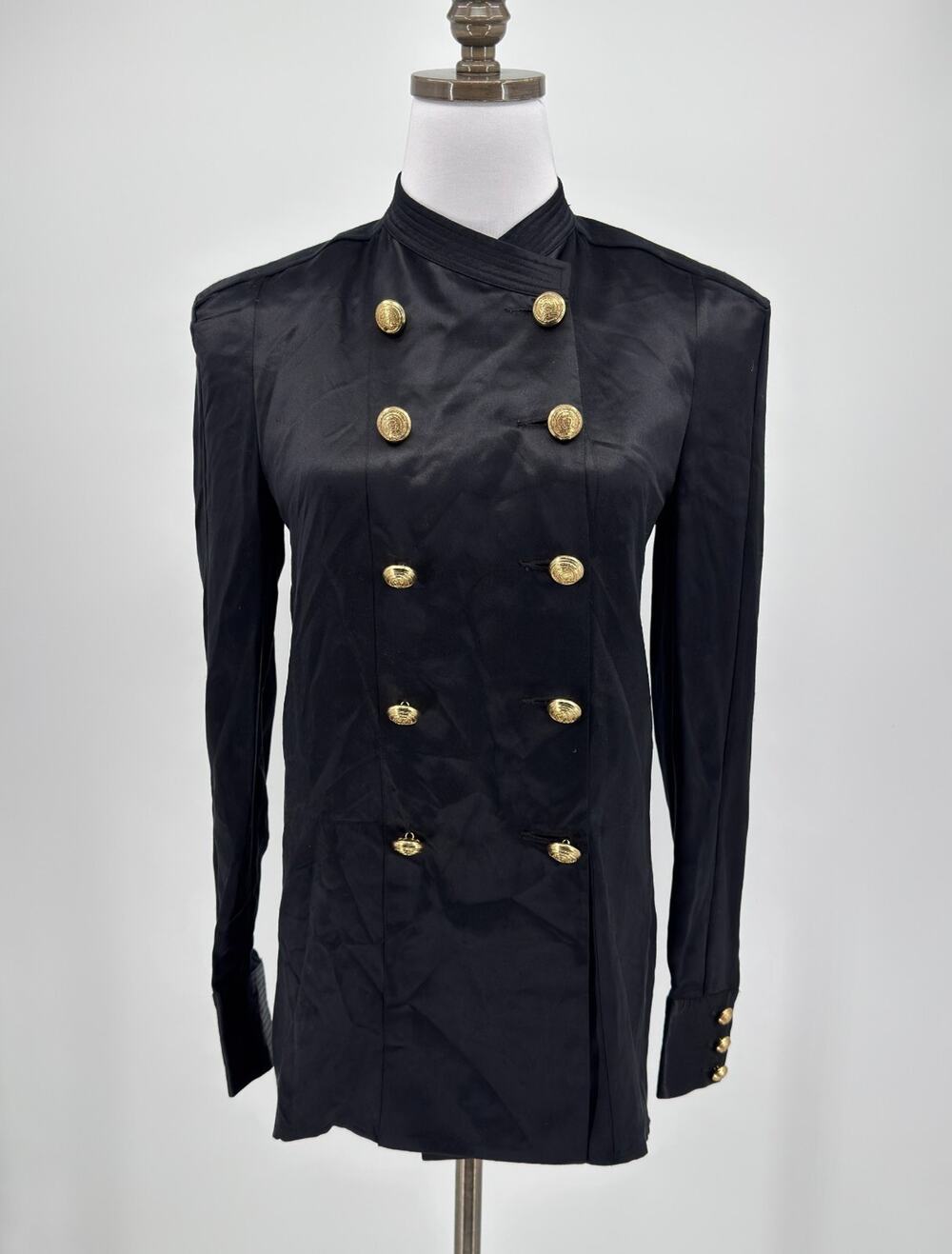 Balmain x H&M Black 100% Silk Military Style Button Up Blazer Jacket Sz 4
